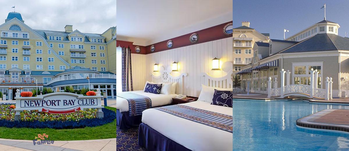 Entrada, habitación náutica y piscina del Disney Newport Bay Club 