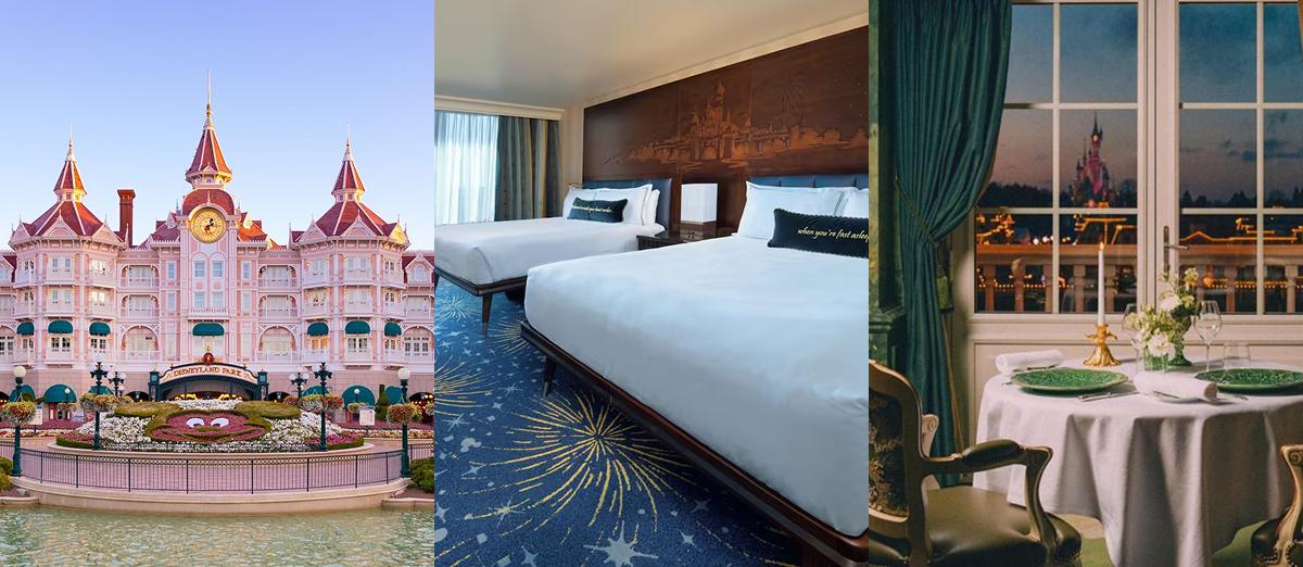 Fachada, habitación y restaurante del Disneyland Hotel junto al parque 